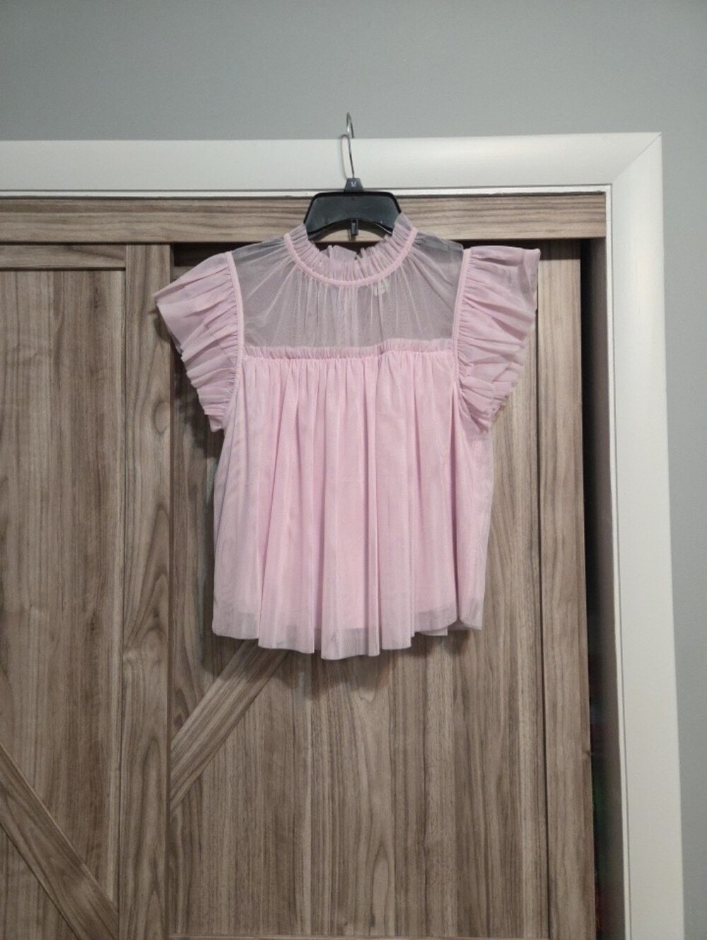 Women's Pink Tulle Mesh Ruffle Sleeve Top